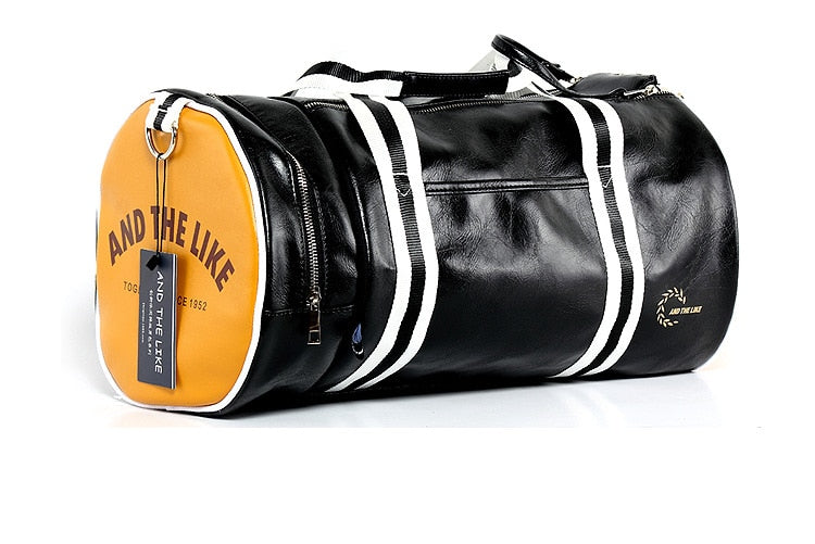 Leather Waterproof Outdoor Sports Gym Bag Fitness Leather Bag Duffel - Happy Health Happy Health Happy Health Black & Orange - White Stripes / US